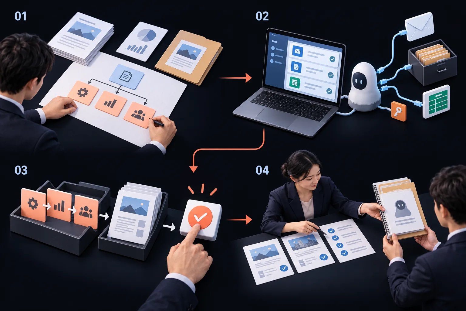 業務 AI アシスタント運用代行. 実施フロー. 実施フローの四つの工程：01 職種別の代行依頼; 02 ツールと権限の設定; 03 複数工程の実行と承認; 04 成果確認と継続稼働