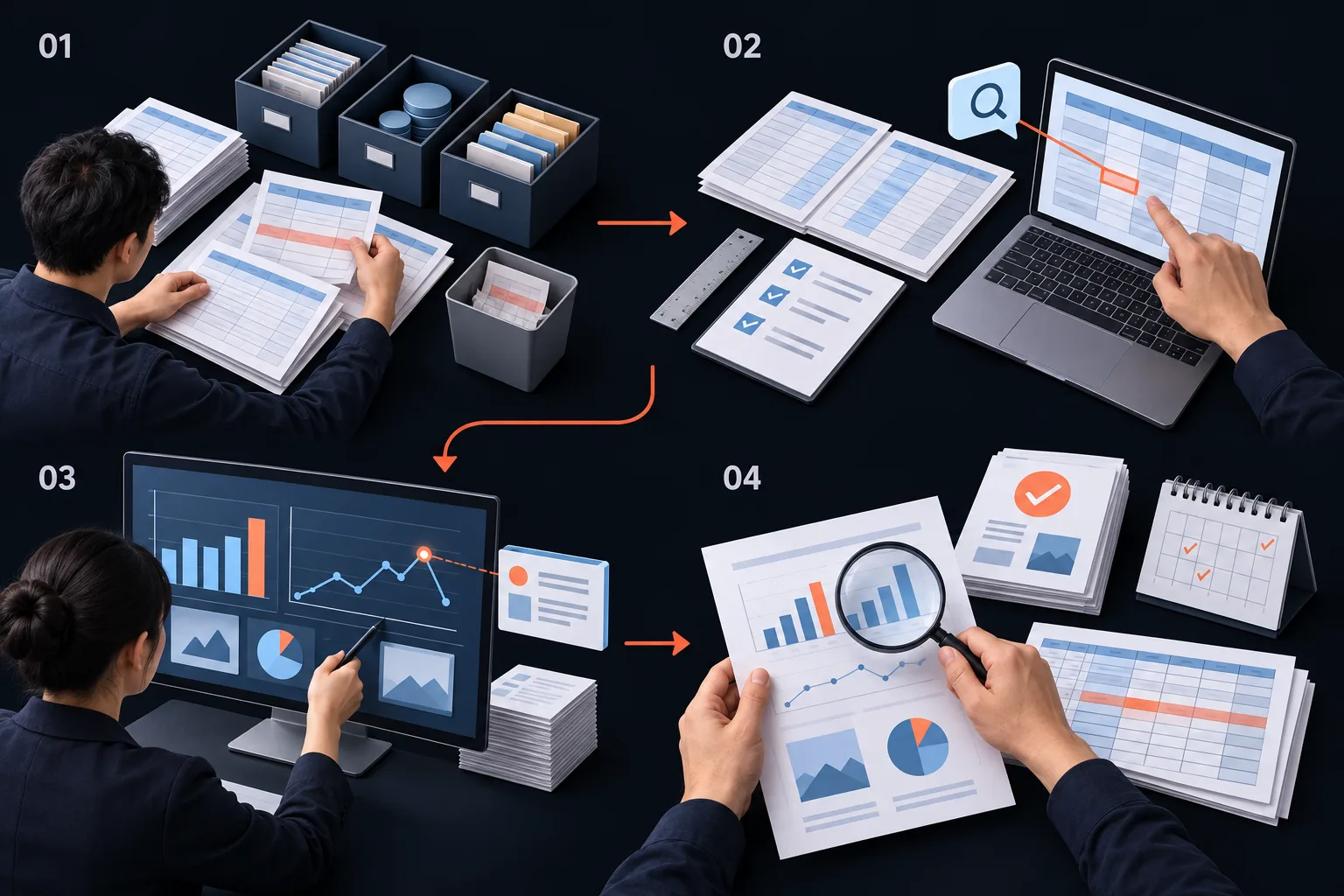 Managed Business Analytics & Reporting. Service process. Illustrative service process with four stages: 01 Prepare data and verify sources; 02 Apply metrics and query the data; 03 Build dashboards and explain anomalies; 04 Human verification and recurring reports