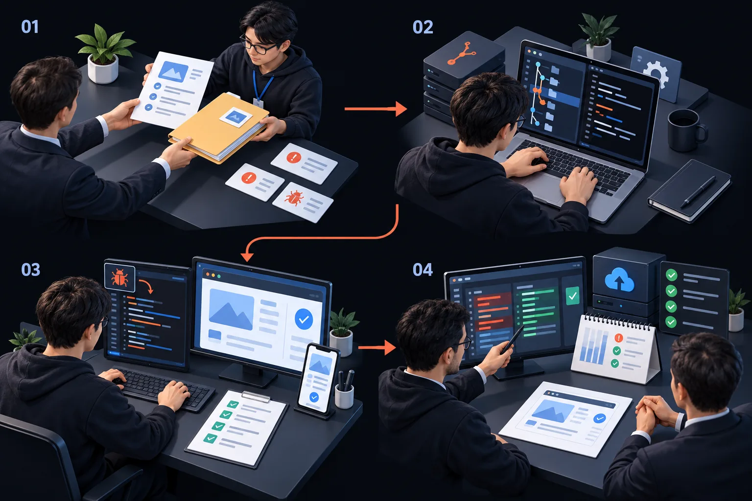 Codex 代开发与日常维护. 服务流程. 服务流程示意，四个阶段依次为：01 受理研发需求与代码库; 02 研发环境与规则维护; 03 功能开发、修复与测试; 04 人工审查与持续维护