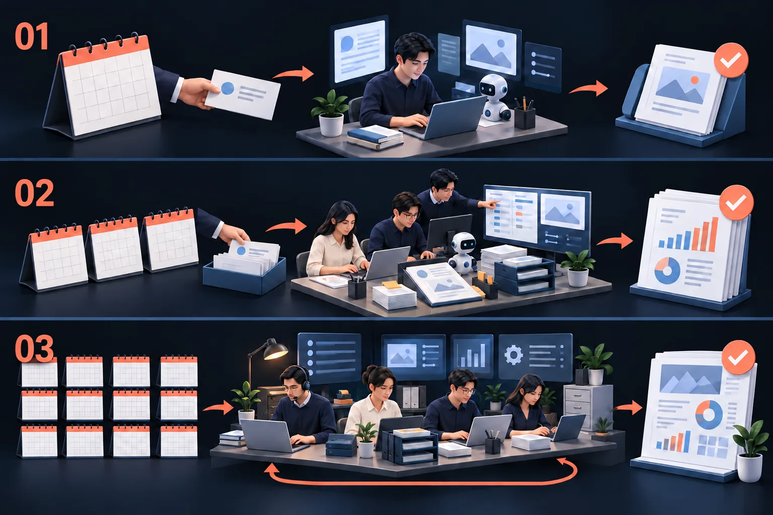 托管合作周期示意：01 按月托管、02 按季度托管、03 按年托管。由客户提出要求，NUOWA 执行、检查并提交成果。