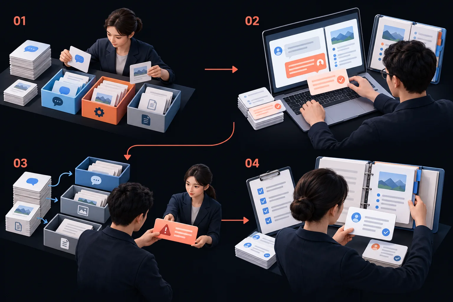 AI 客服代运营与服务支持. 服务流程. 服务流程示意，四个阶段依次为：01 问题分类与知识准备; 02 回复辅助与日常处理; 03 工单分流与必要转接; 04 服务核查与知识维护