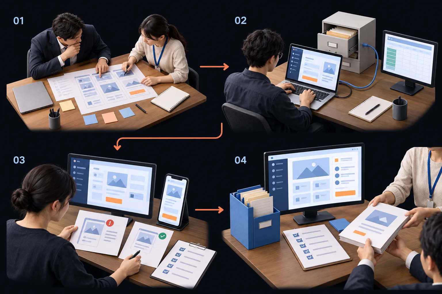 AI 应用长期开发与维护. 服务流程. 服务流程示意，四个阶段依次为：01 受理业务要求与原型制作; 02 应用开发与系统连接; 03 业务测试与问题修复; 04 发布执行与持续维护