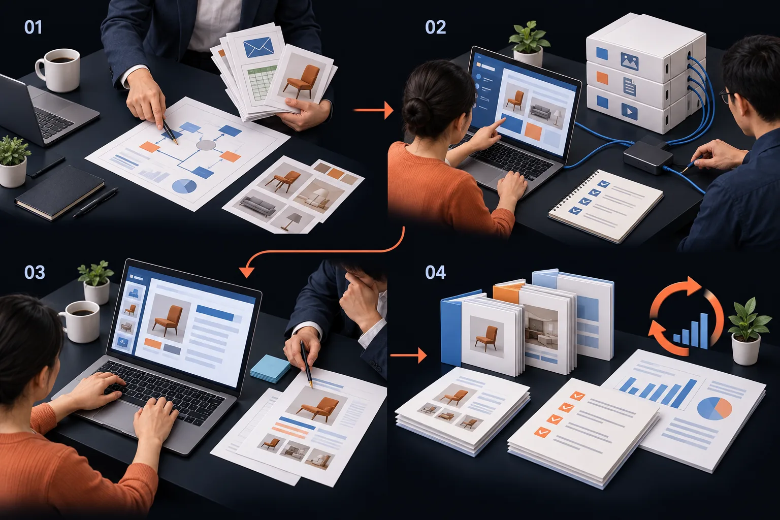 企业 AI 全域托管与代运营｜包月、包季度、包年. 服务流程. 服务流程示意，四个阶段依次为：01 业务要求与必要资料; 02 工具接入与任务执行; 03 成果检查与业务确认; 04 周期交付与持续维护